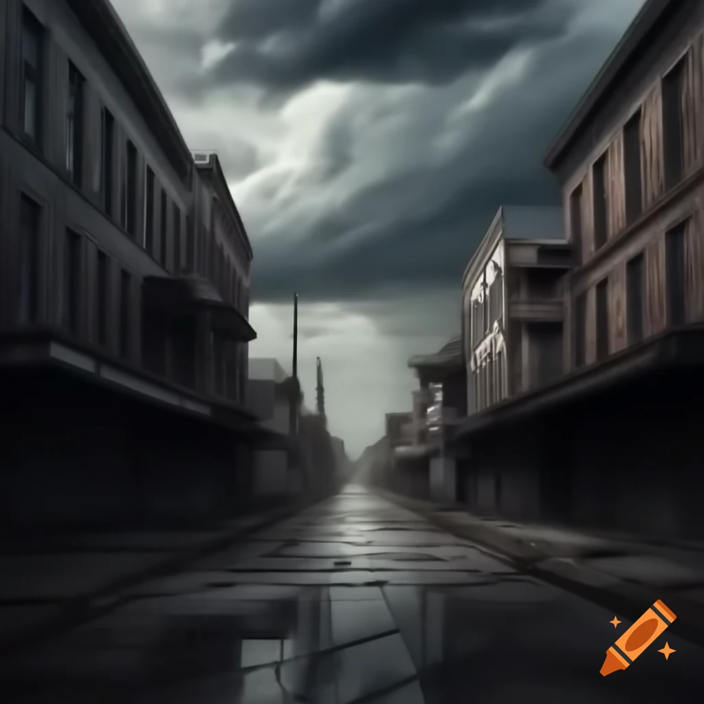 Line art of abandoned town with empty street and storm clouds