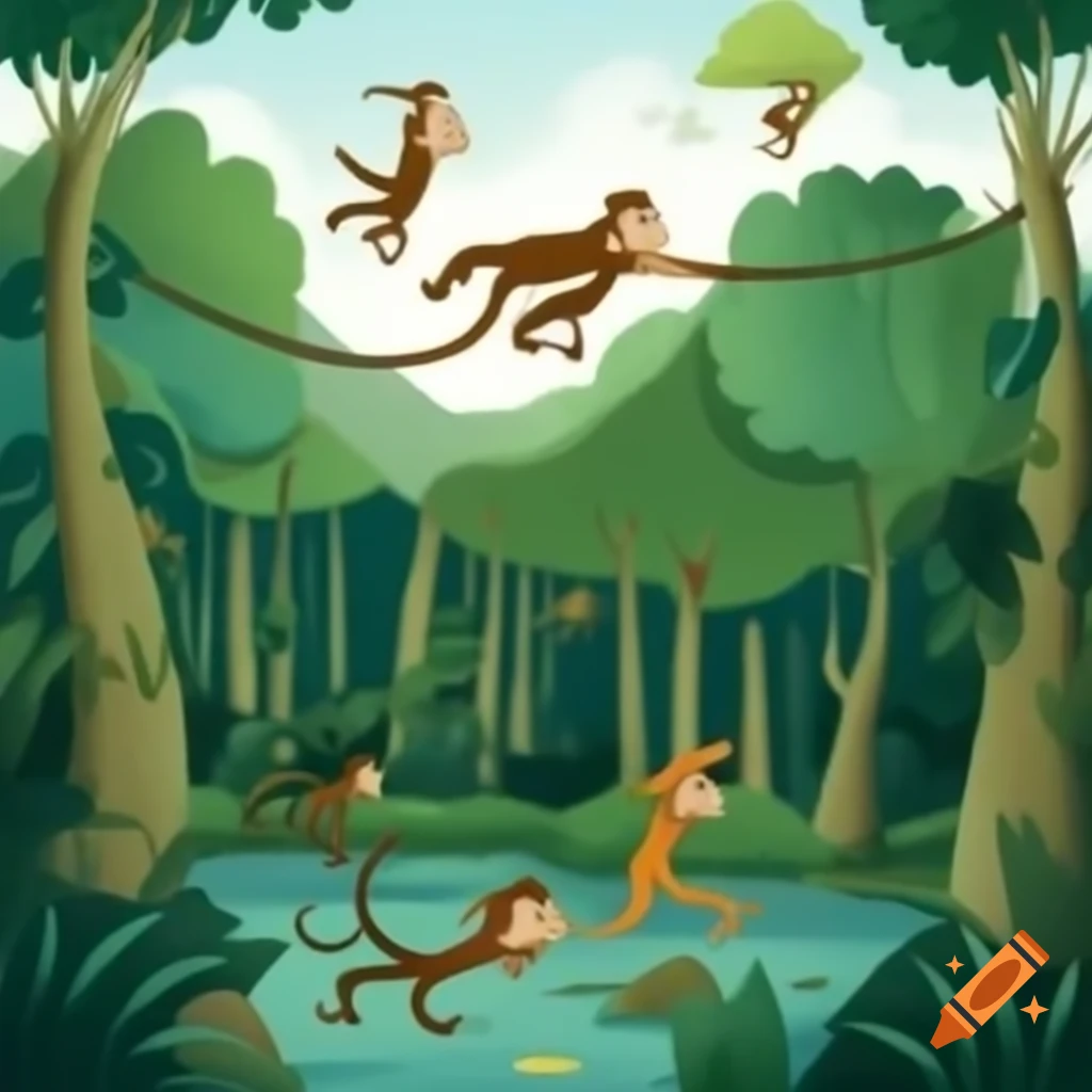 Vibrant rainforest habitat with monkeys, frogs, and birds