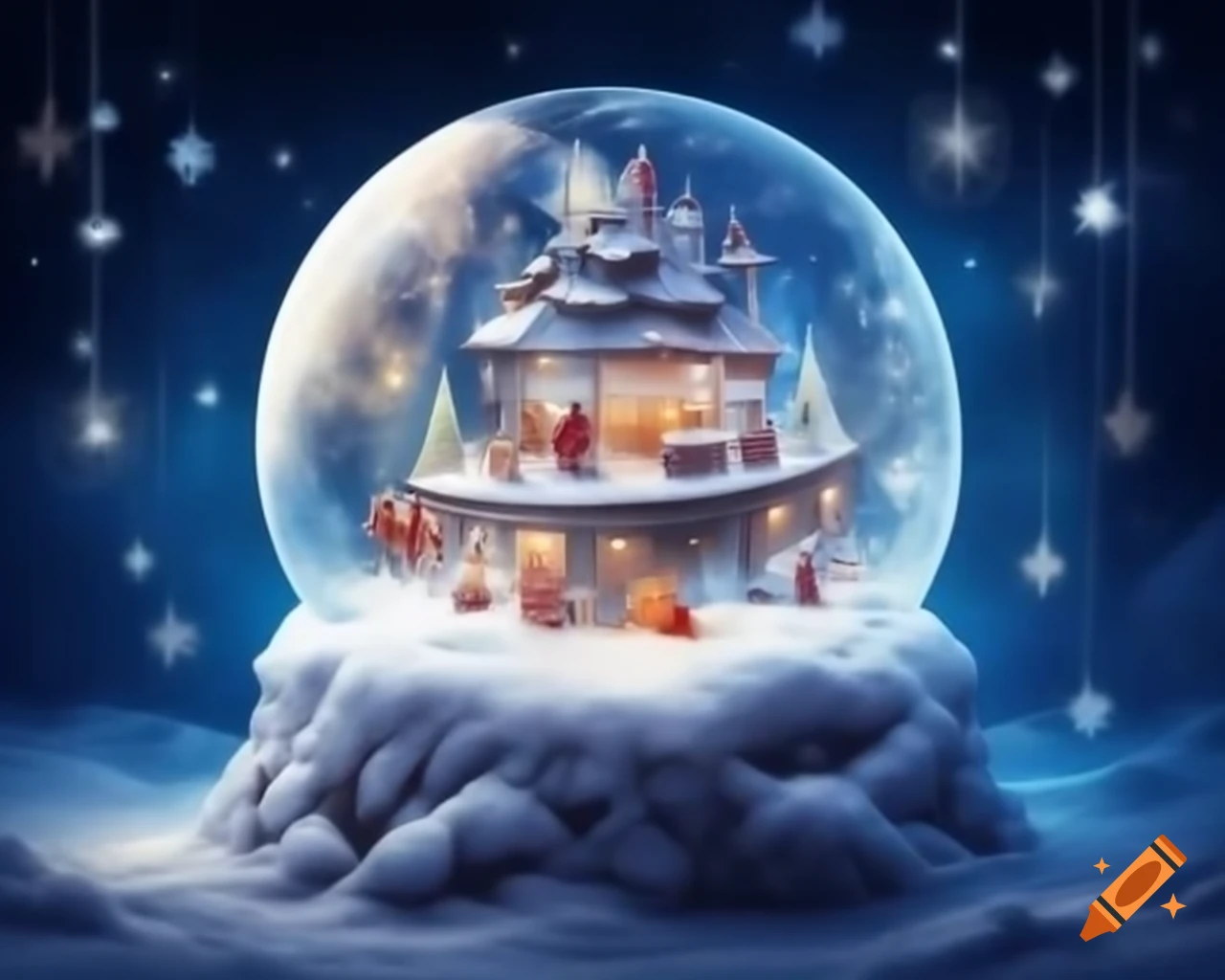 Whimsical snow globe featuring a planet with Christmas lights and Santa