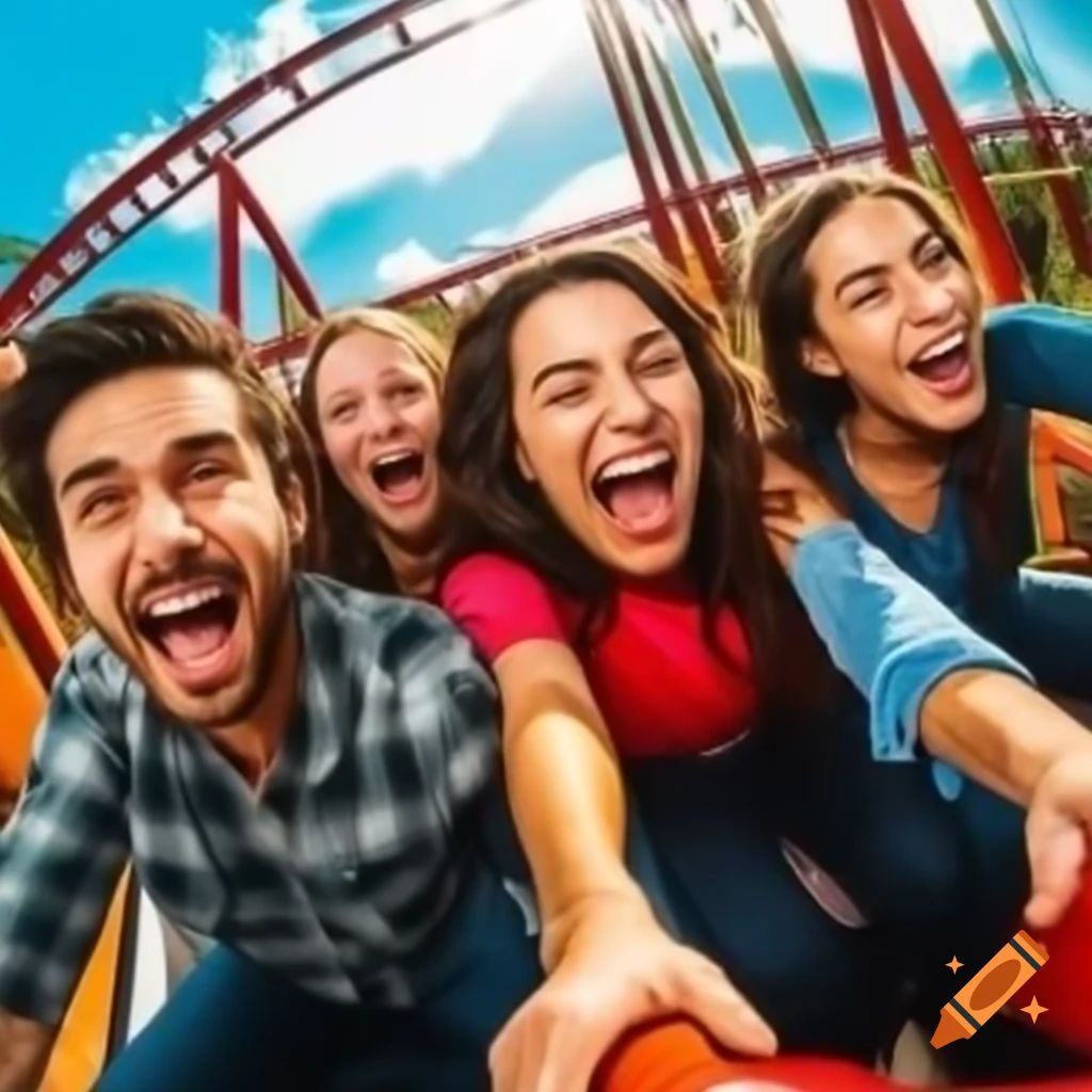 Friends Rollo Coaster Friends enjoying a rollercoaster ride with joyful expressions on Craiyon