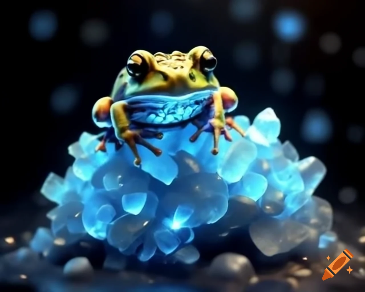 Toad resting on luminous mineral rocks