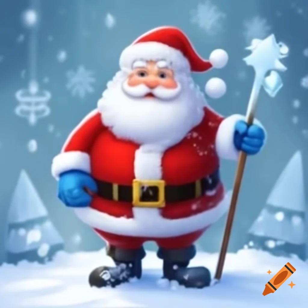 Russian Father Frost in traditional attire standing in snowy field