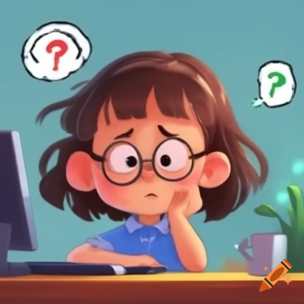 Comic depiction of a girl with glasses in front of a computer looking ...