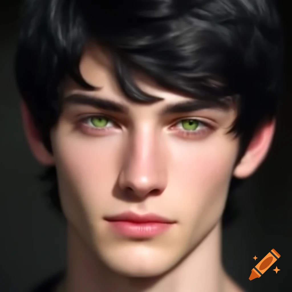 Handsome young European man with wavy black hair and bright green eyes ...