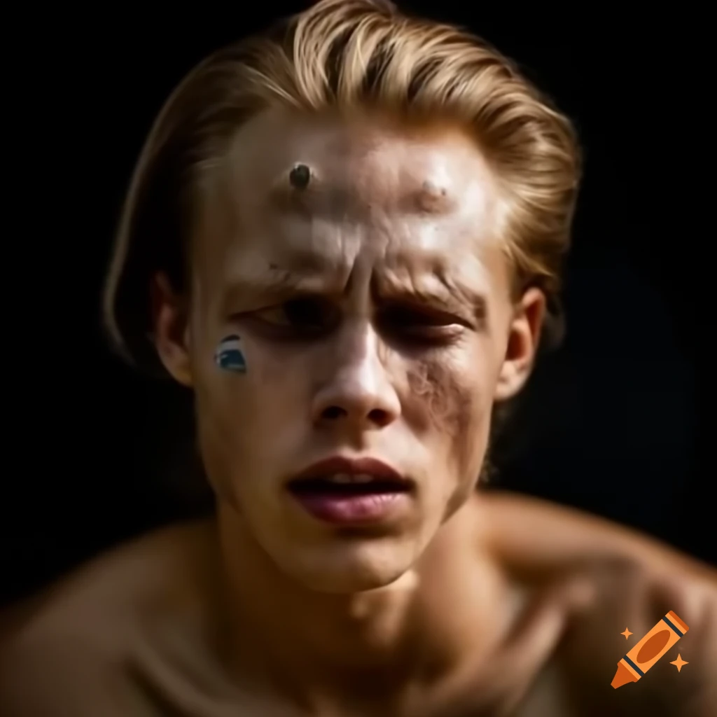 Young Swedish male model with tears reflecting light of flames in apocalyptic setting