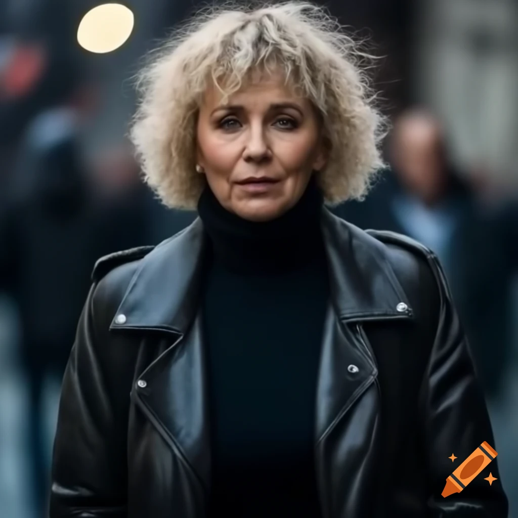 Woman with short curly blonde hair walking on winter street