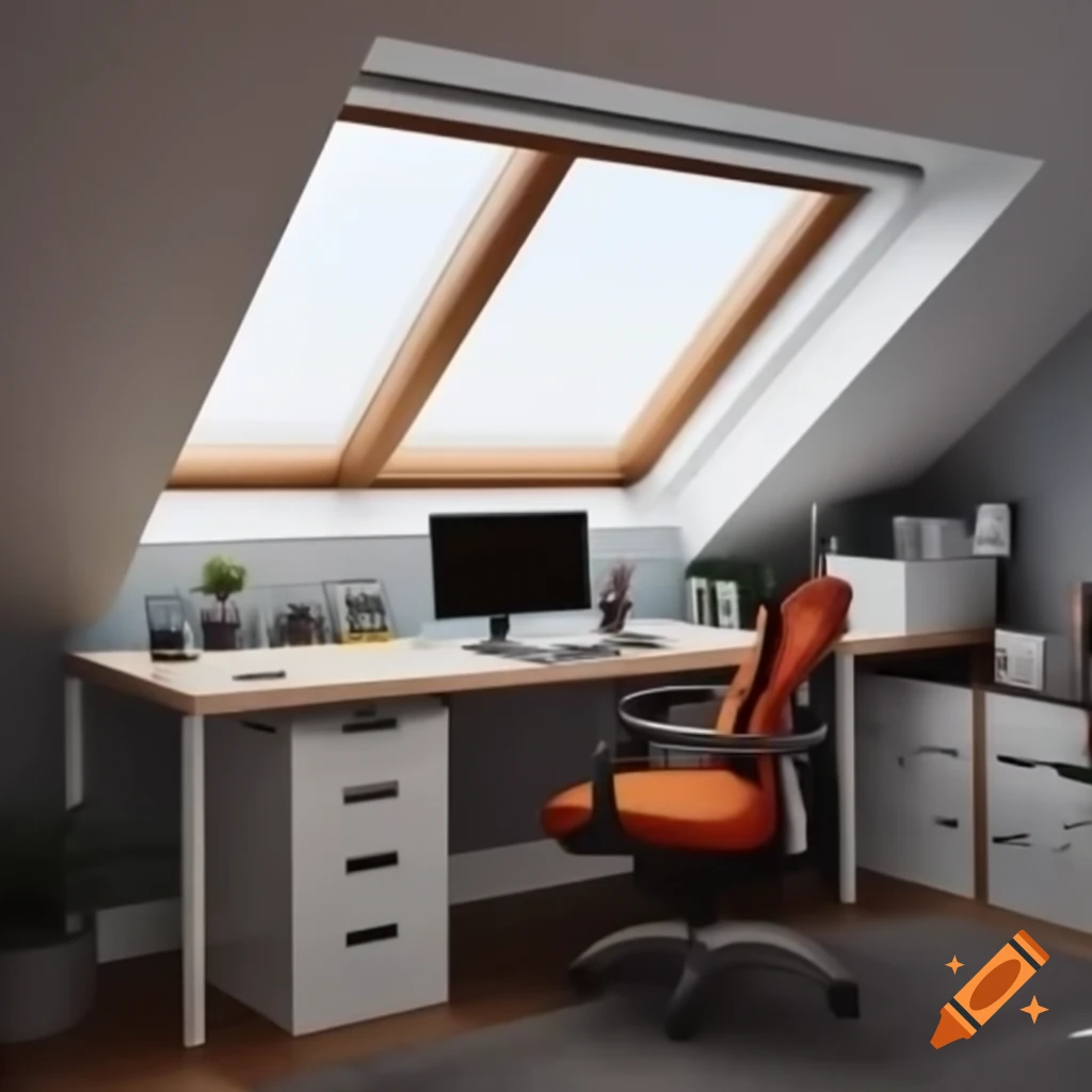 Attic office with dormer window, low ceiling, integrated gaming desk and sleeping space