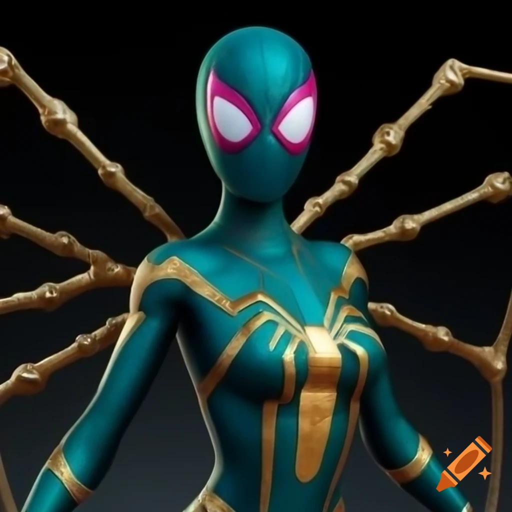 Spider woman in teal and gold spidersuit with pearls, superhero theme ...