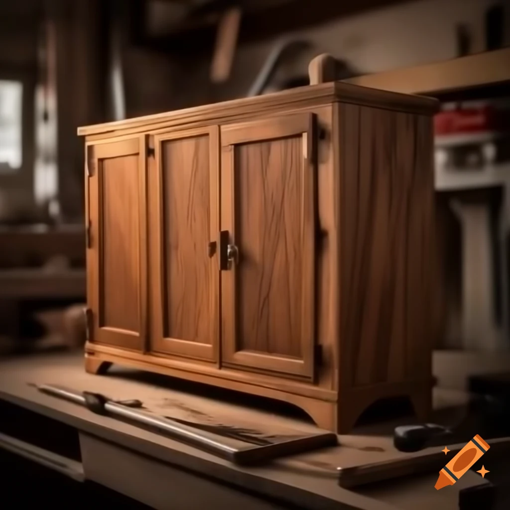 Expertly crafted walnut cabinet with beautiful grain in workshop setting