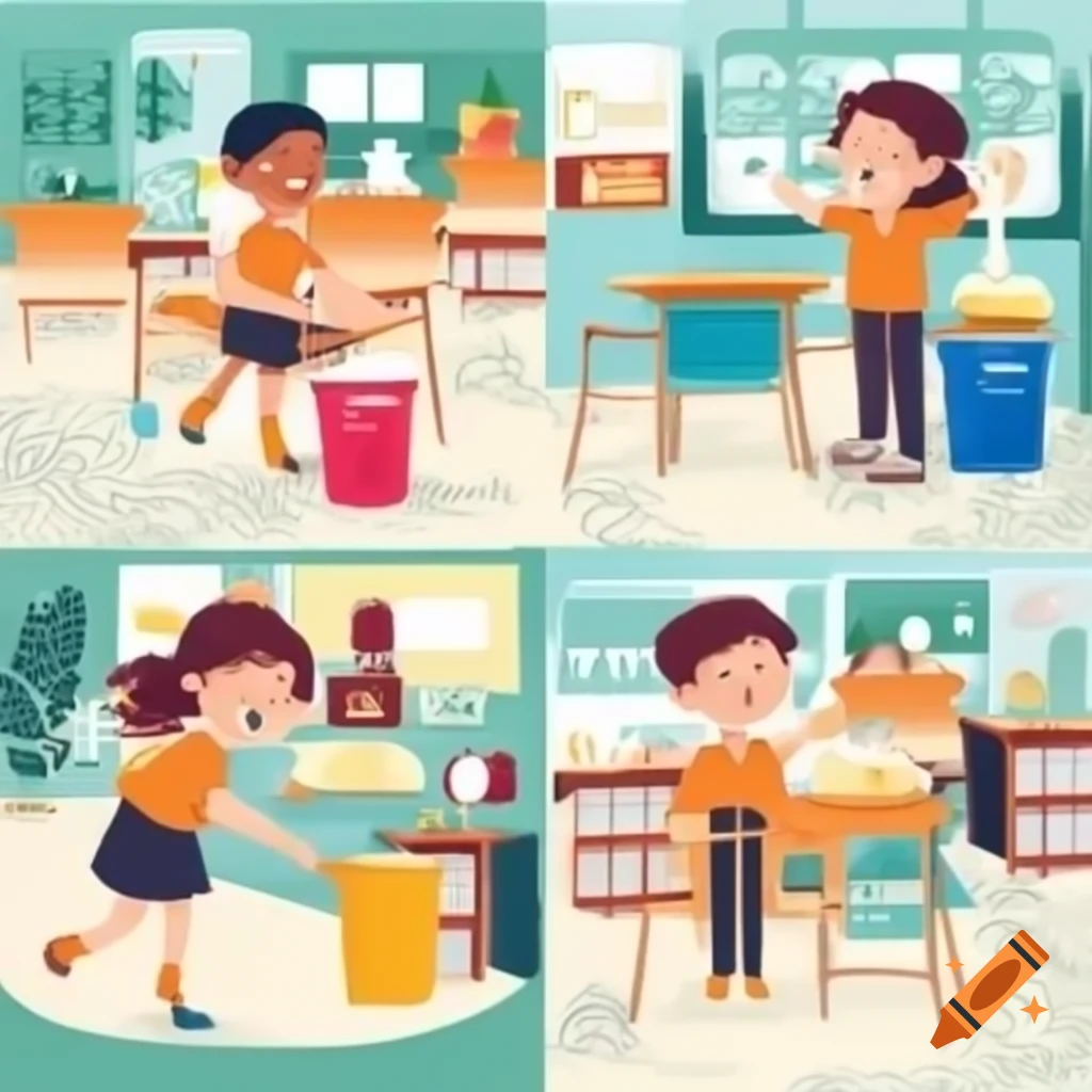 Illustration of contrasting school environment, clean side with happy  students and dirty side on Craiyon, image size:1024x1024