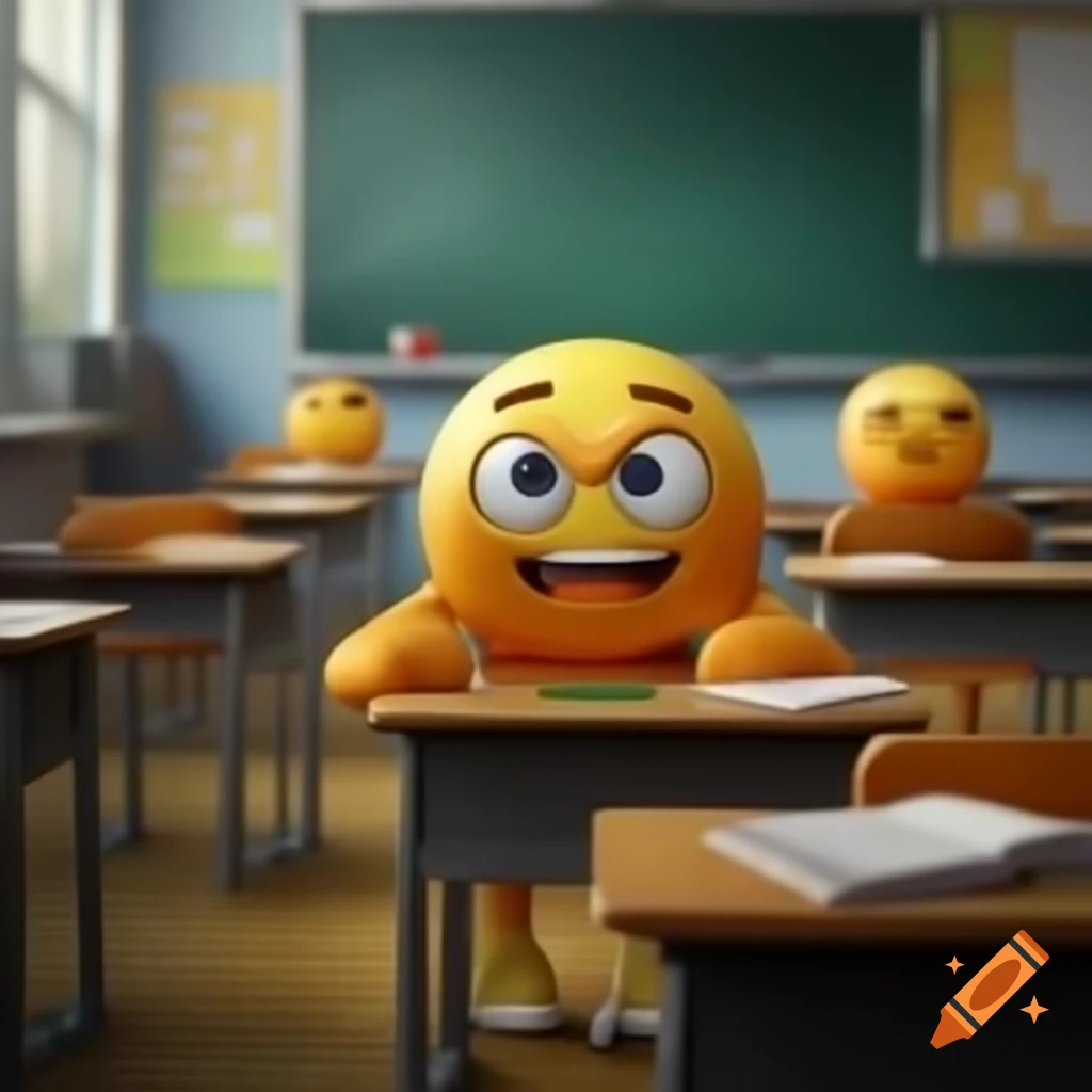 Classroom filled with life-sized emojis in playful poses