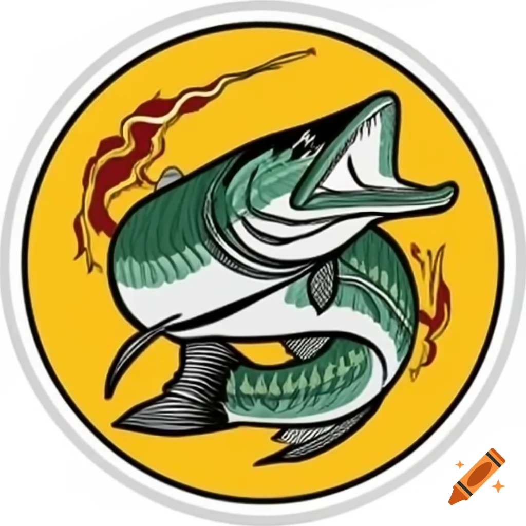 German fishing brand logo in comic style featuring pike and lightning