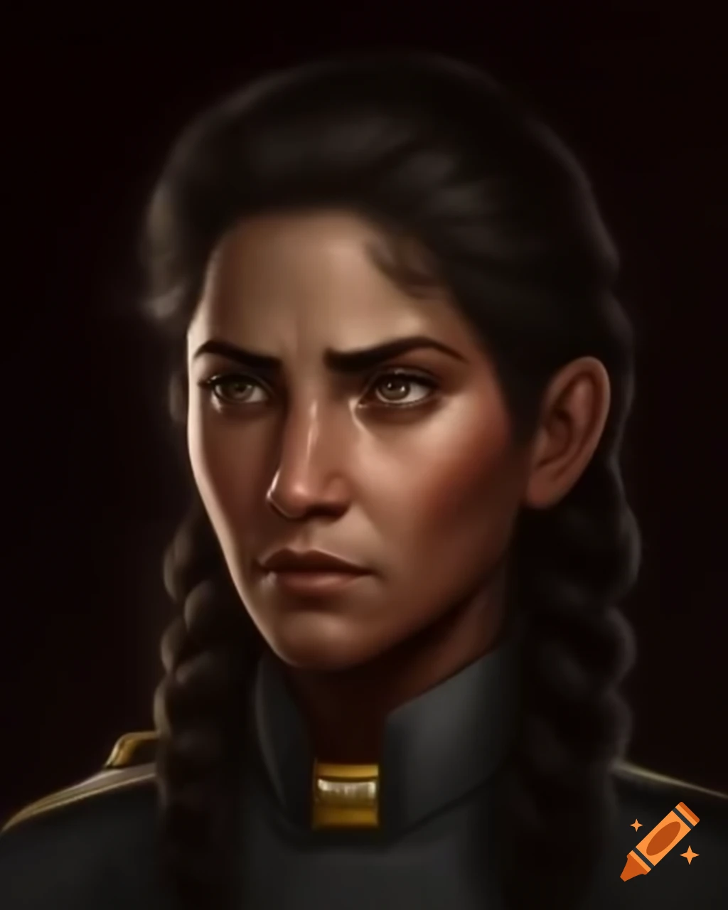 Full-length portrait of strong woman with brown eyes and scar on Craiyon
