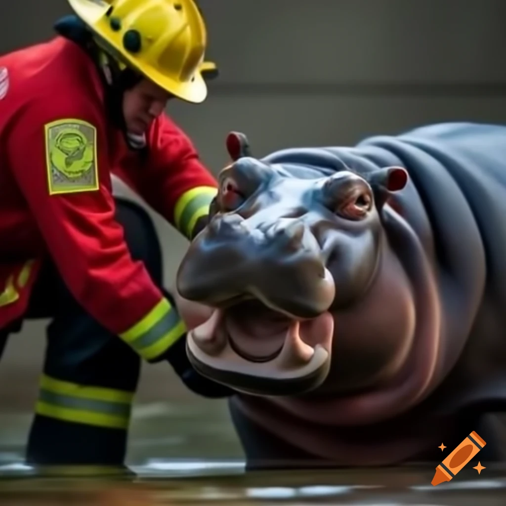 Firefighter rescuing baby hippo
