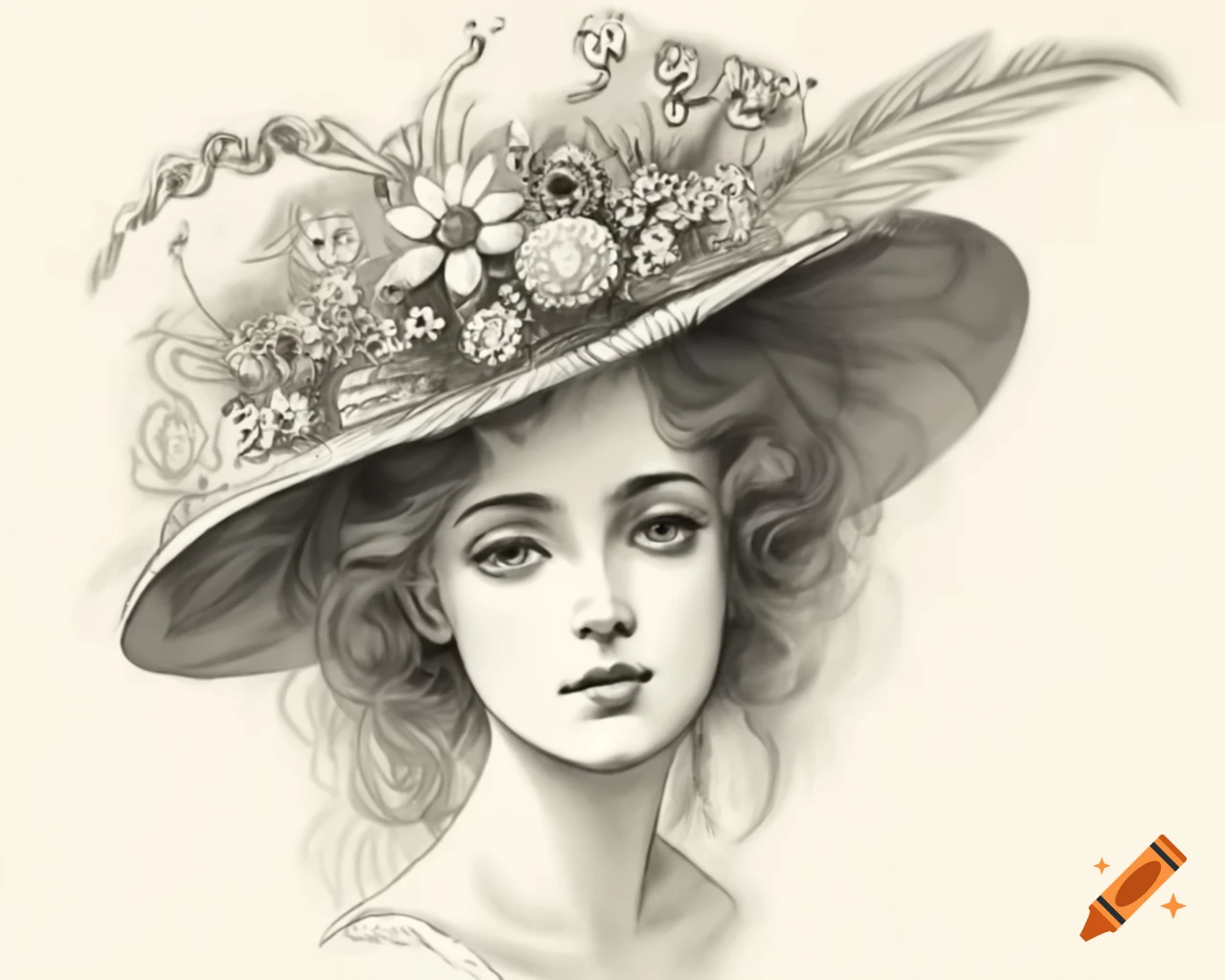 Sketch of Victorian hat adorned with flowers and feathers