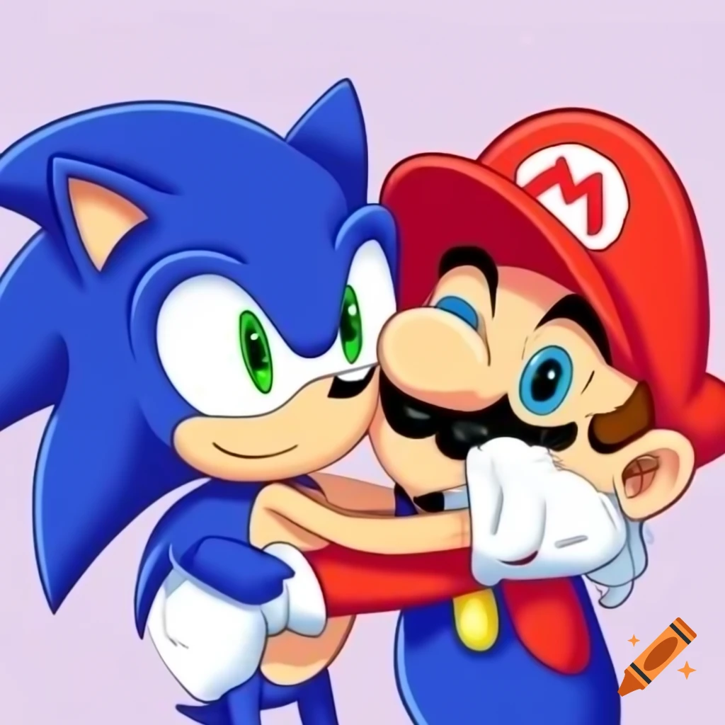Sonic and Mario embracing each other in a friendly hug