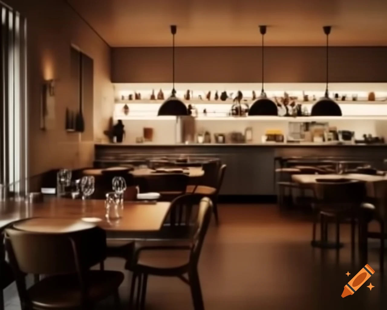 Scandinavian restaurant featuring central kitchen design on Craiyon