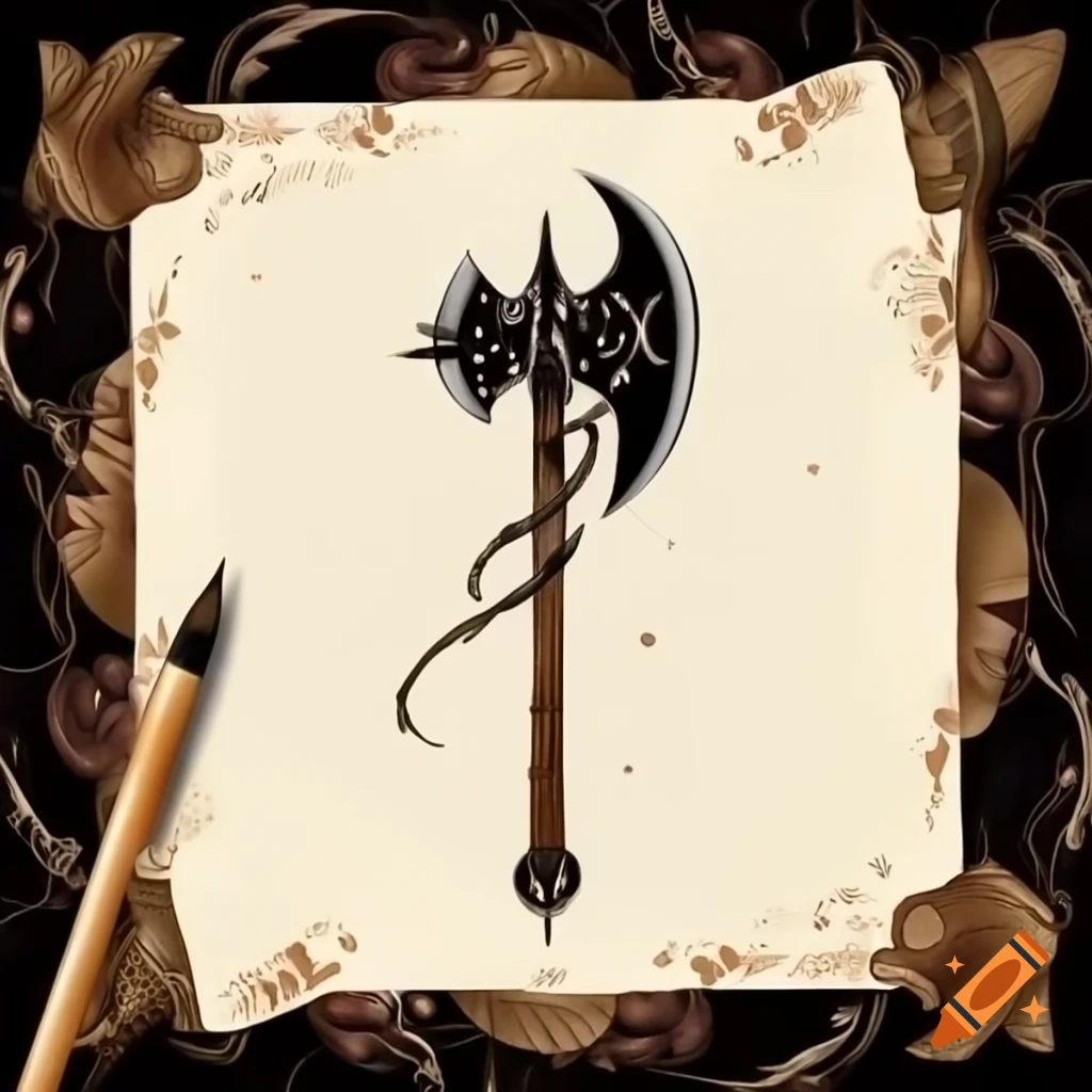 Axe sketch on squared paper in dark fantasy style