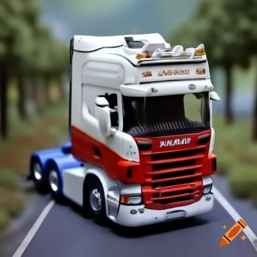 Detailed 1/87 scale Scania truck model on miniature road