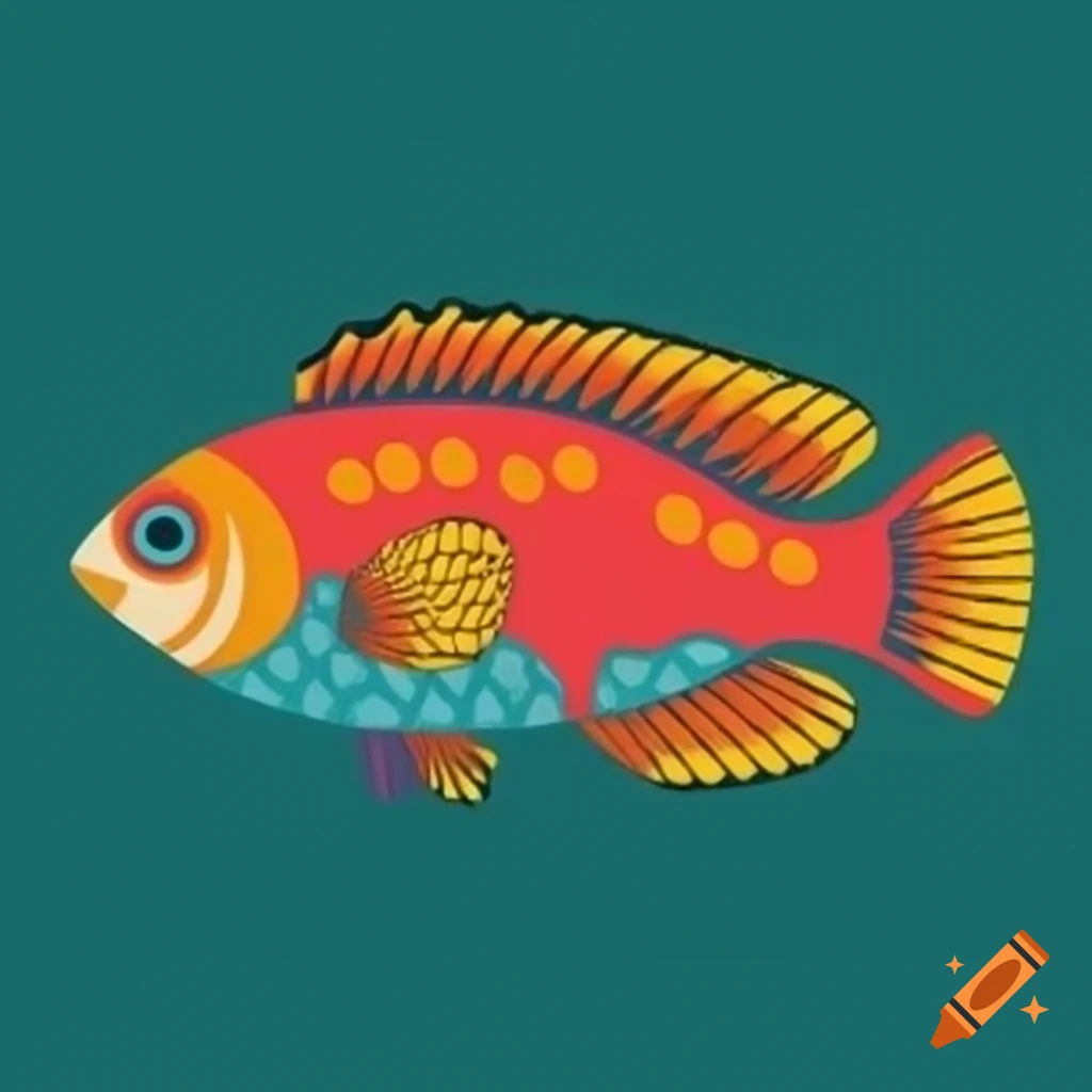 Vibrant woodcut print featuring colorful fish