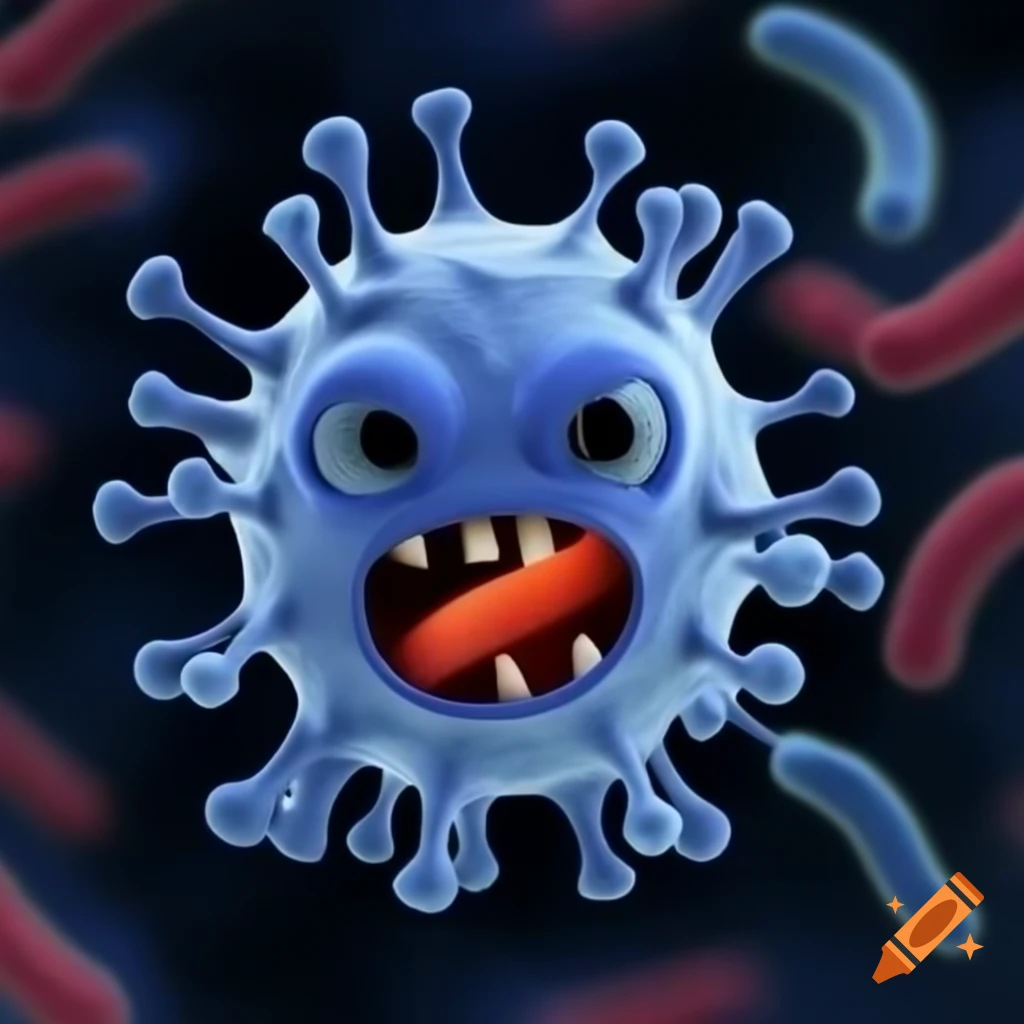Lysosome in a cell with a mischievous expression after consuming bacteria