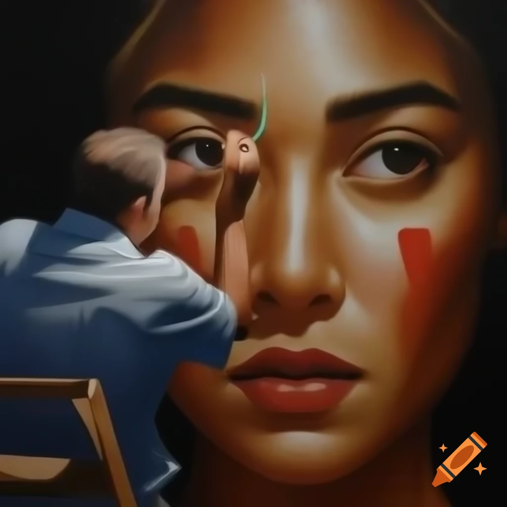 Man painting woman's face, showcasing artistic process