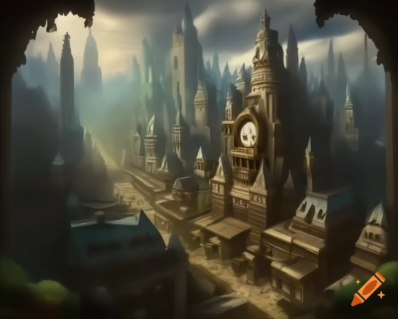 Intricate steampunk cityscape with tall buildings and clock tower ...