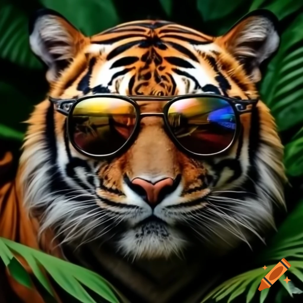 Realistic tiger wearing sunglasses in green jungle