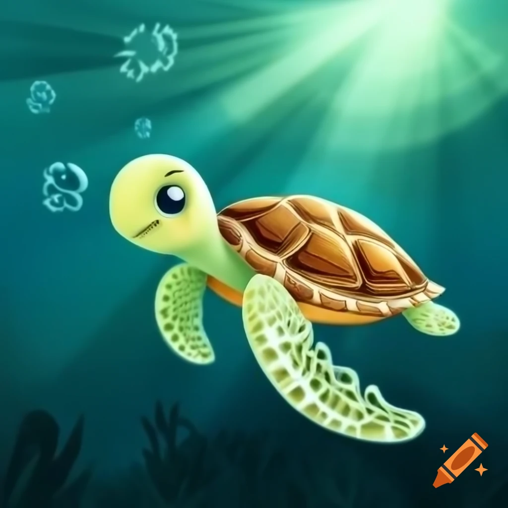Bubbles the Turtle, a small young turtle about 1 foot long in the reef