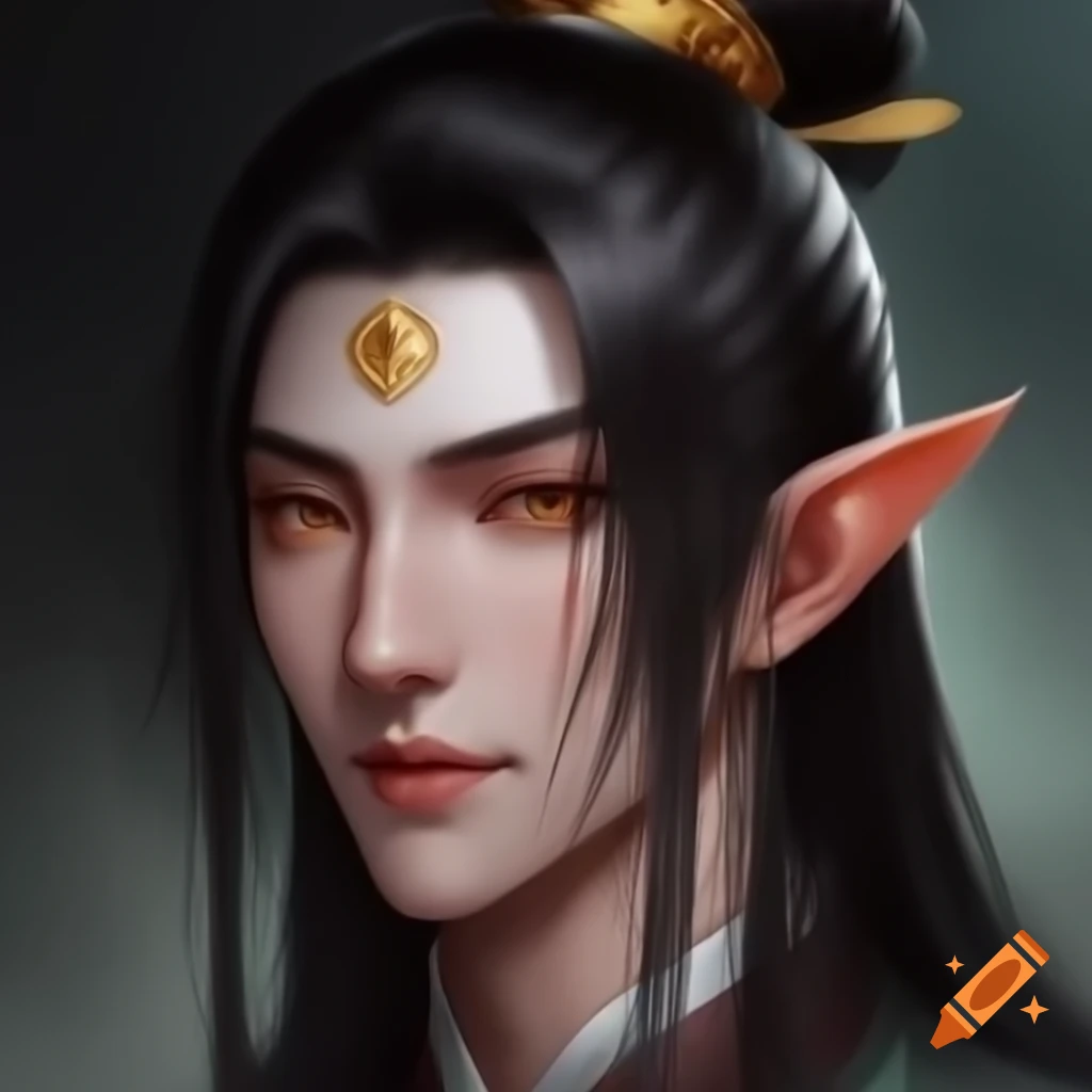 Fantasy art of young Chinese man with long hair and amber eyes