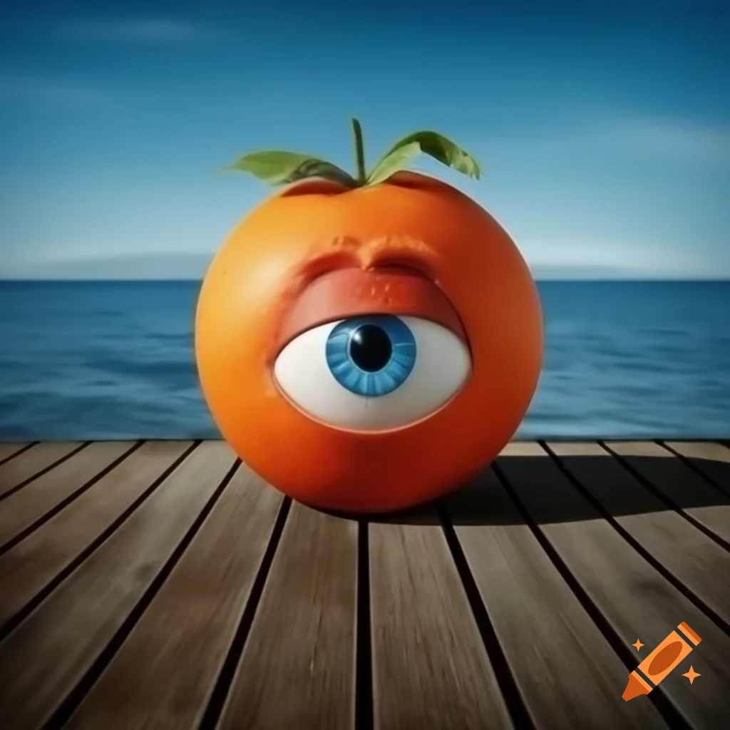 Anthropomorphic orange with one eye on wooden dock, bright sunny day