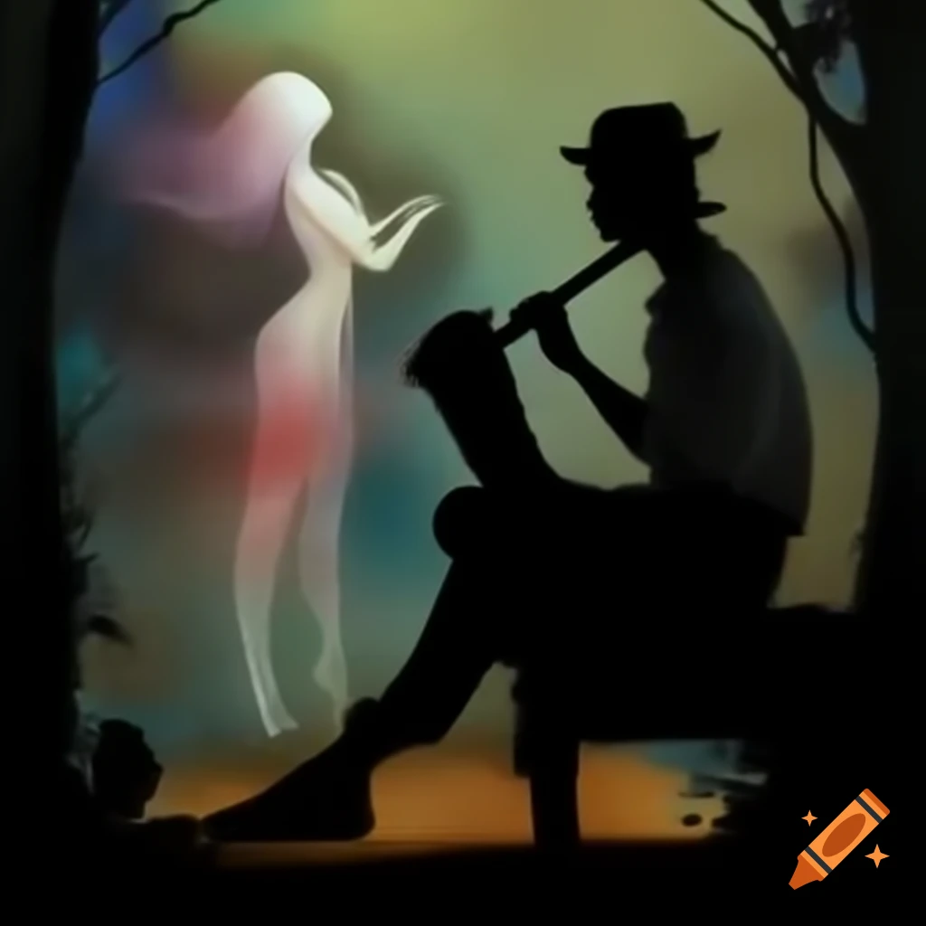 Silhouette of man playing didgeridoo in front of sitting woman in dreamy colors