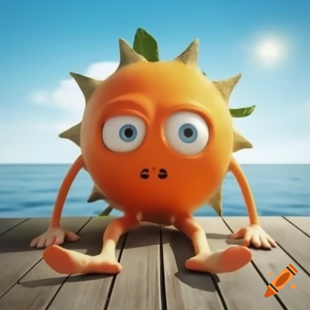 Anthropomorphic orange with one eye on wooden dock, bright sunny day