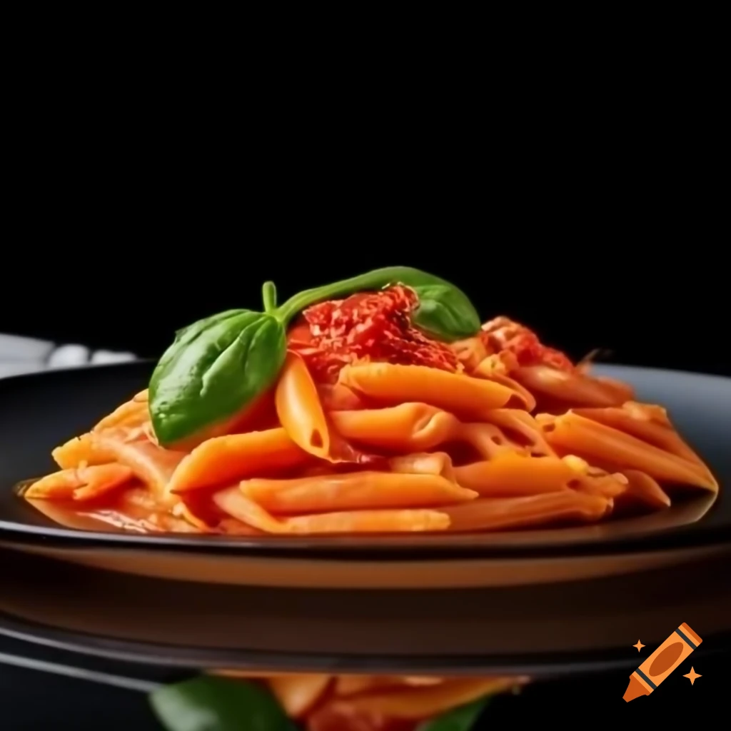 Close-up of Arrabbiata pasta with spicy tomato sauce and basil on black background