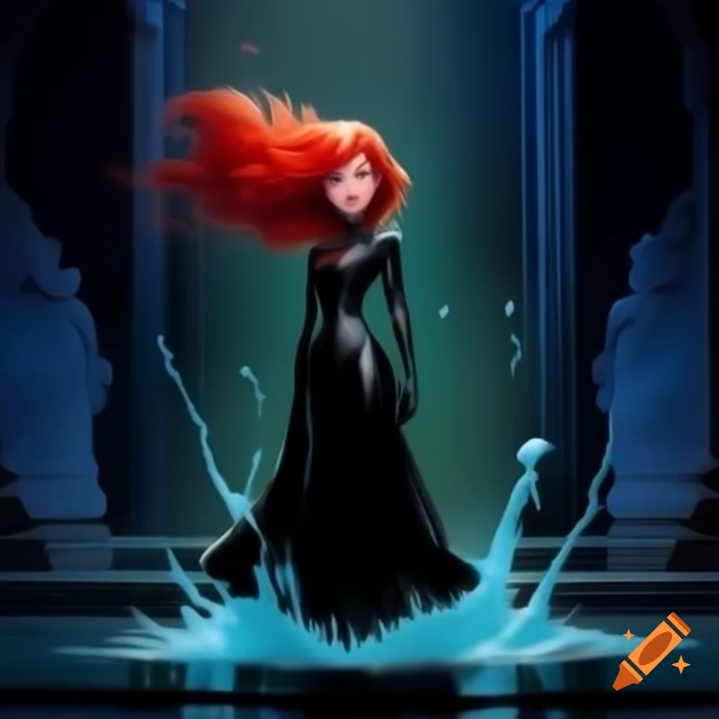 Disney princess with red hair in a chapel wearing black wet dress and  gloves, dragon in background on Craiyon