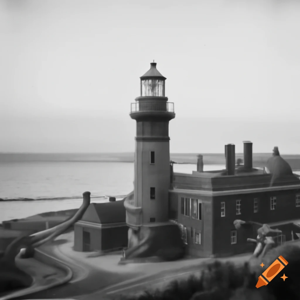 Victorian cityscape featuring a lighthouse by the coast