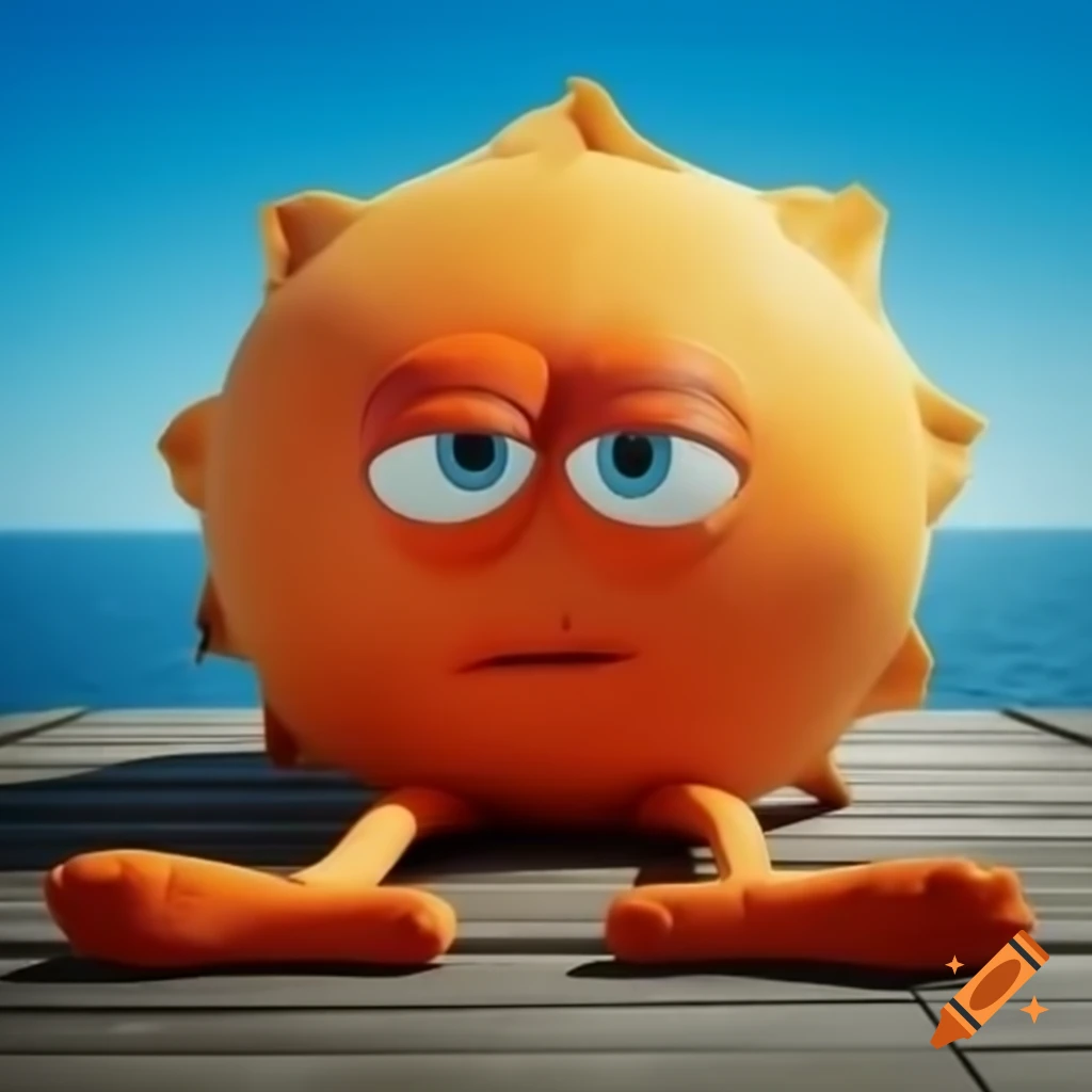 Anthropomorphic orange with one eye on wooden dock, bright sunny day