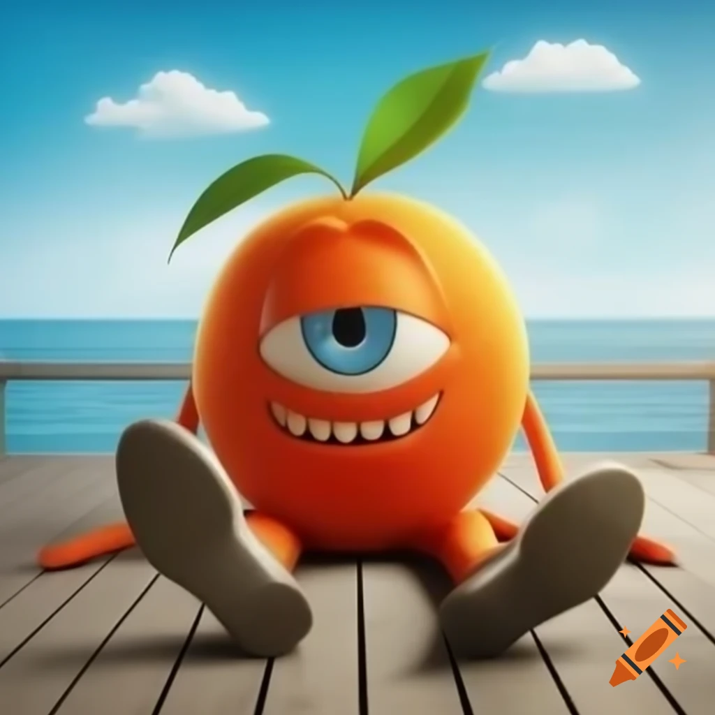 Anthropomorphic orange with one eye on wooden dock, bright sunny day