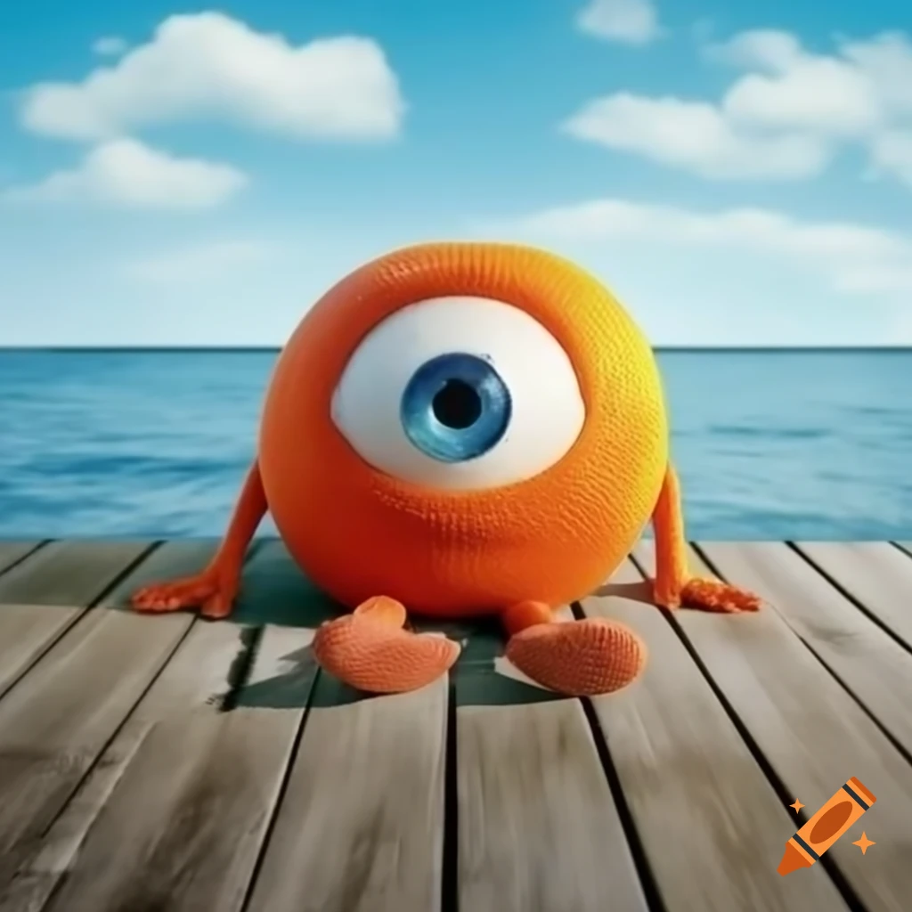 Anthropomorphic orange with one eye on wooden dock, bright sunny day