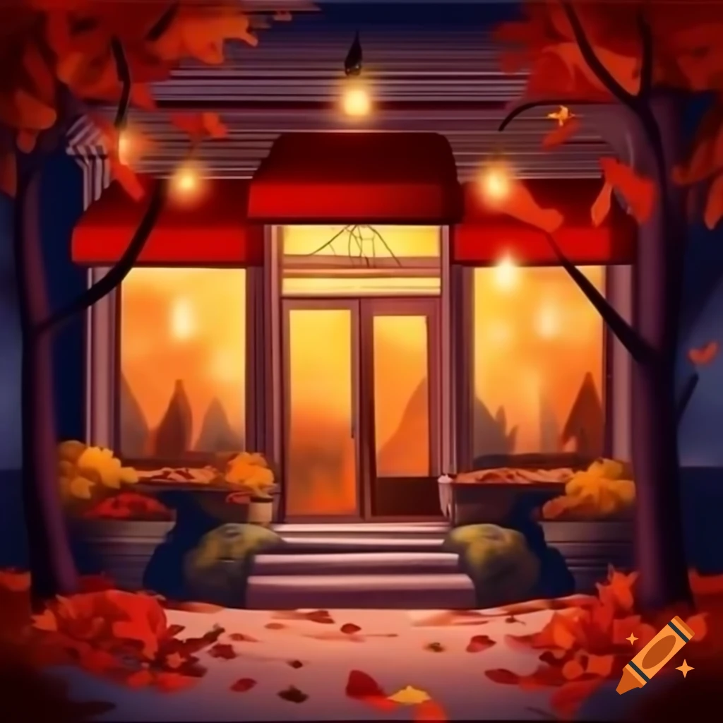 Cozy coffee shop with warm light on autumn sidewalk filled with leaves