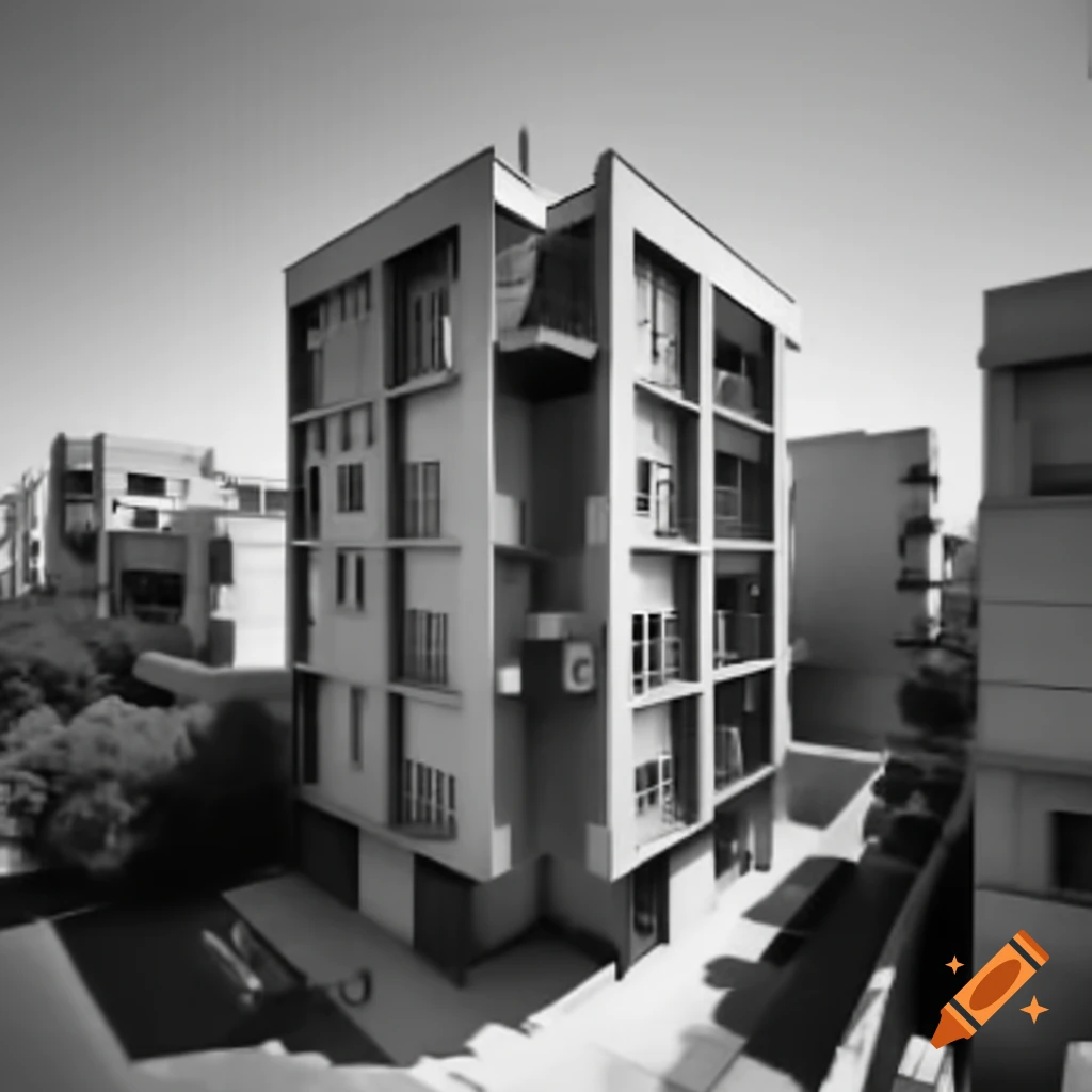 Exterior view of one-story apartment in Tehran Pars, black pen sketch