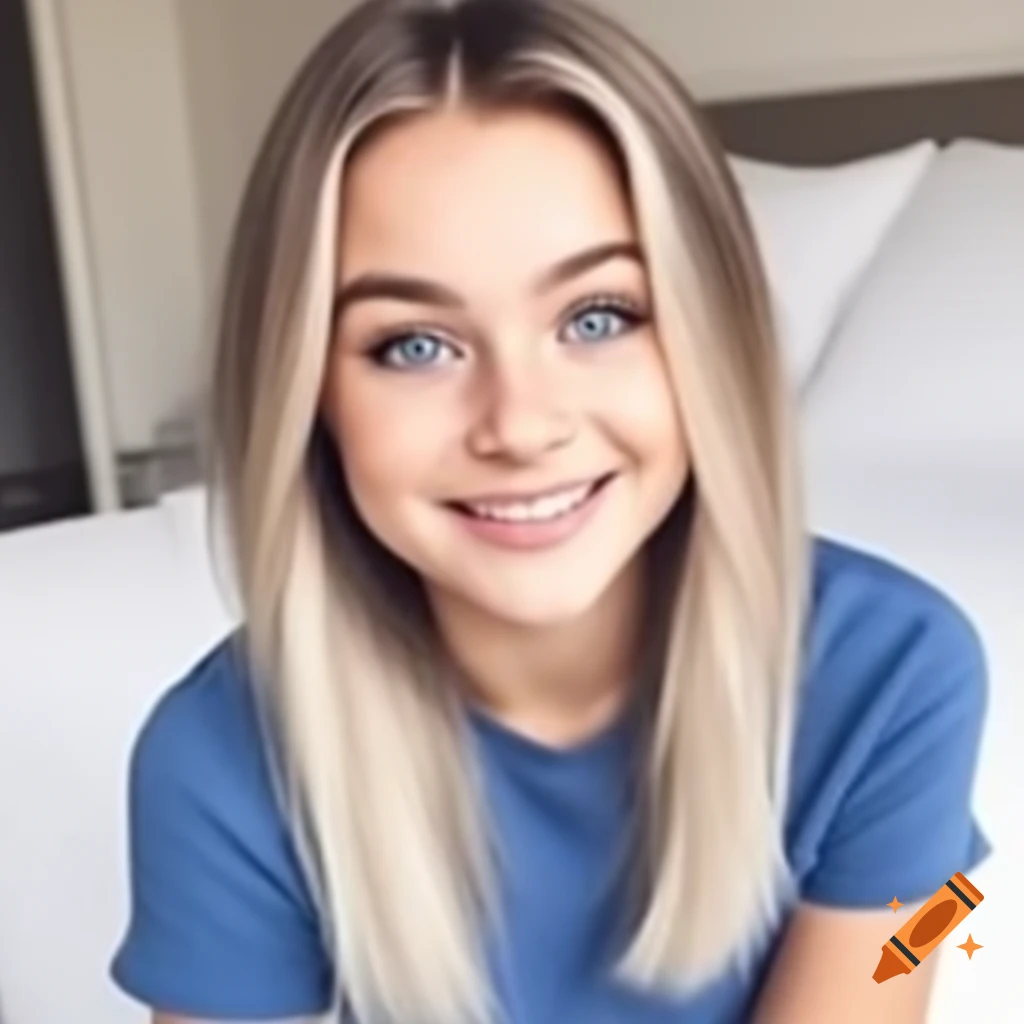 Young woman with blonde hair and grey-blue eyes smiling in blue T-shirt on bed