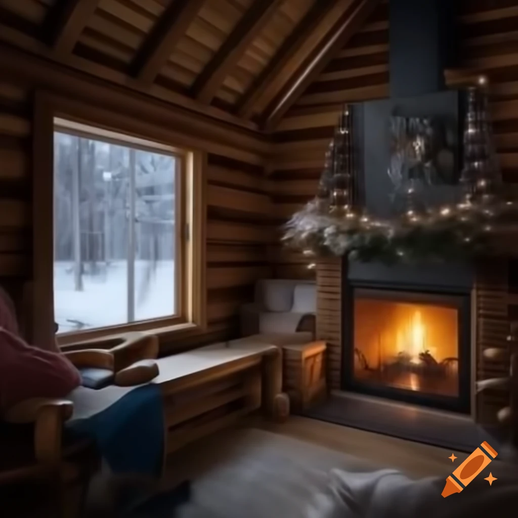 Cozy log cabin interior during winter night with Christmas decorations