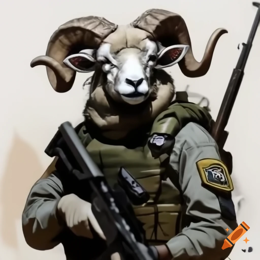 Colorless sketch of tactical officer with sheep's face and horns