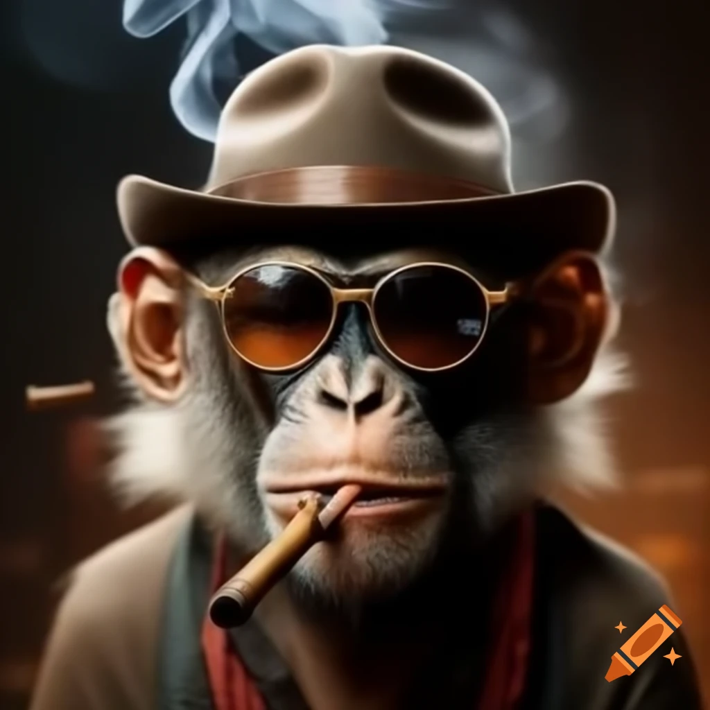 Stylish monkey wearing hat and sunglasses, smoking cigar at an empty ...