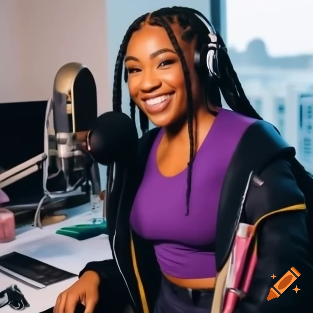 Confident Black woman with braids preparing to record podcast at casual desk