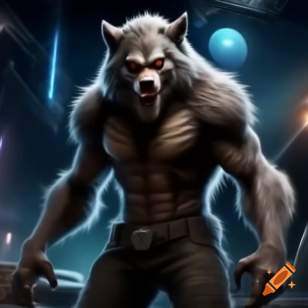 Happy male grey werewolf in sci-fi space setting