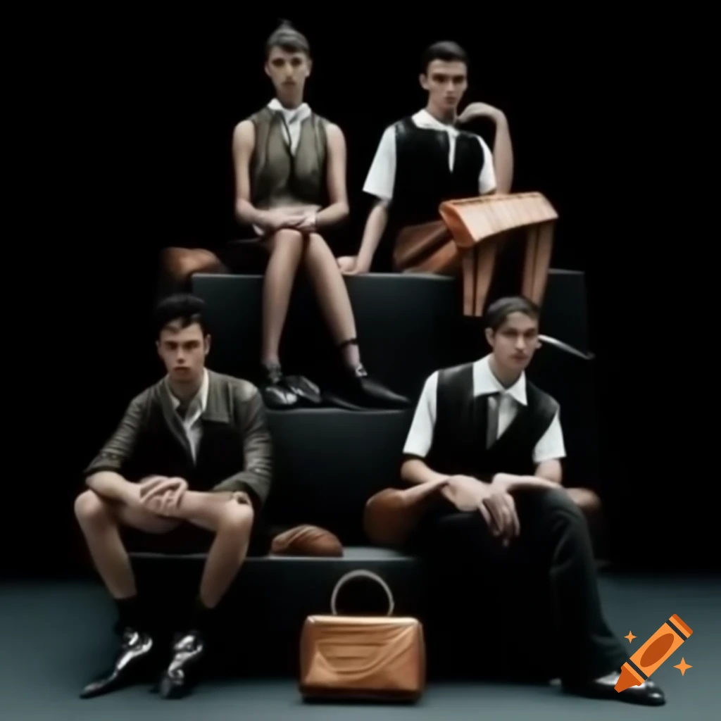 Fashion stage with models showcasing leather bags from 'AMINARA' brand