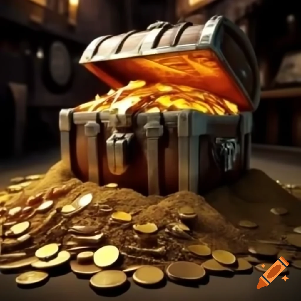 Treasure chest overflowing with gold coins in Wild West saloon