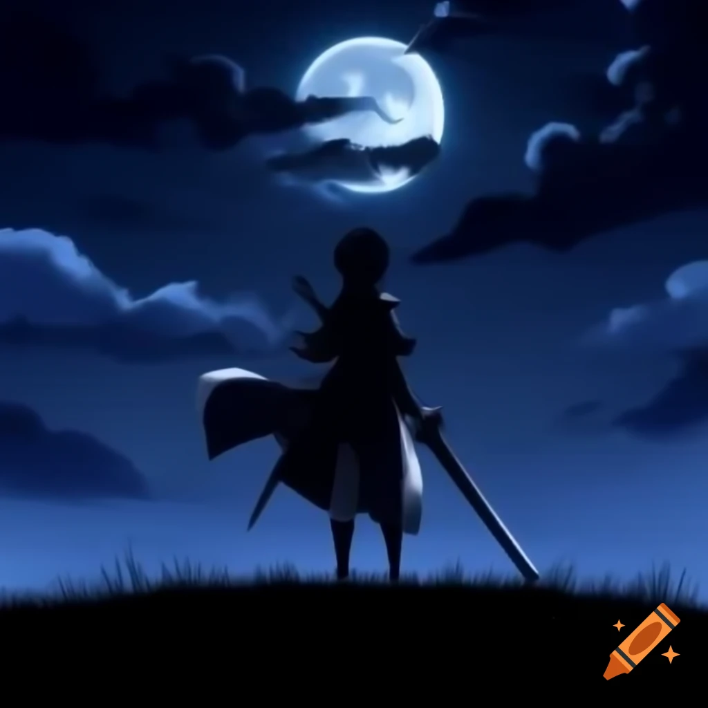 Sabre character from Fate Stay Night kneeling on hill with sword under moonlight silhouette